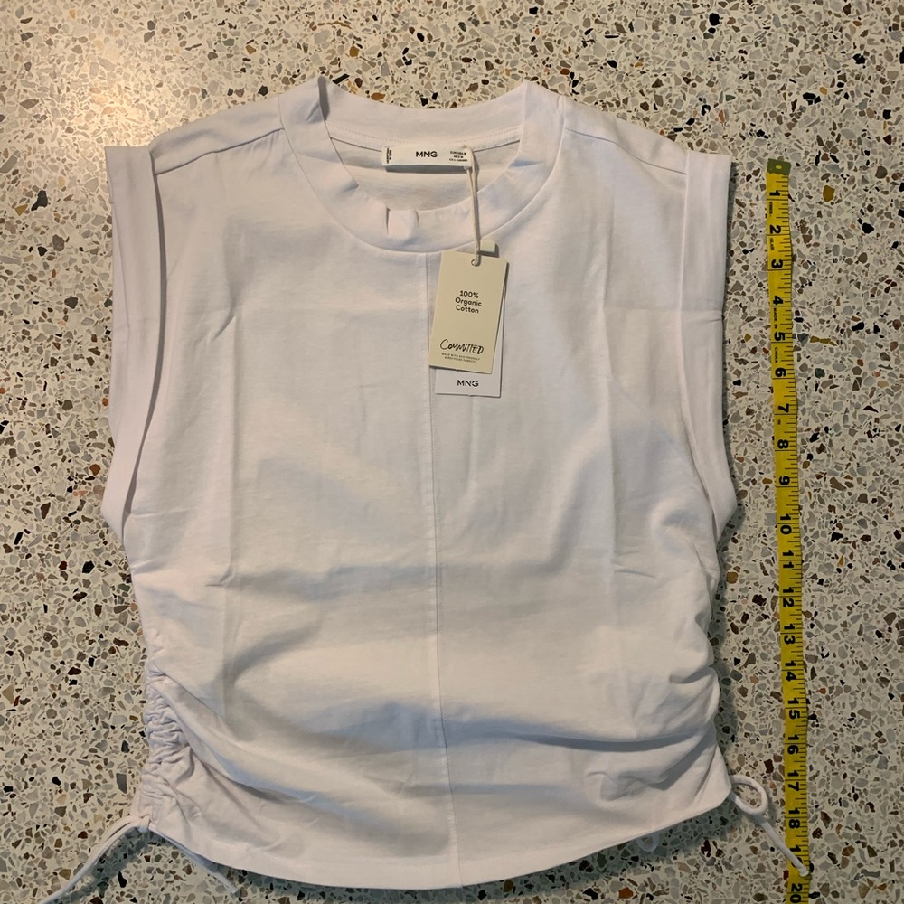 Mango White Sleeveless Ruched Side Cotton Top